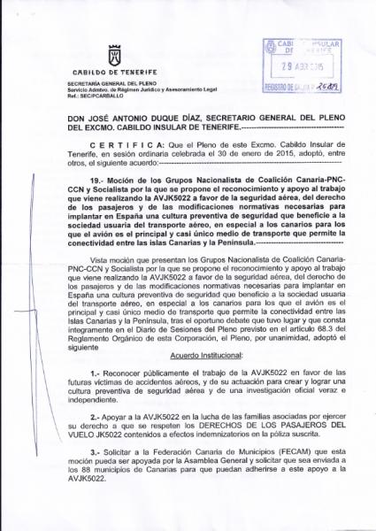 Certificado del Acuerdo del Pleno del Cabildo de Tenerife