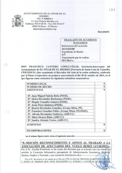 Certificado del Ayuntamiento del Pinar del Hierro