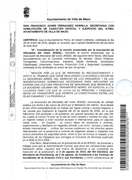 Certificado del Ayuntamiento de Villa de Mazo